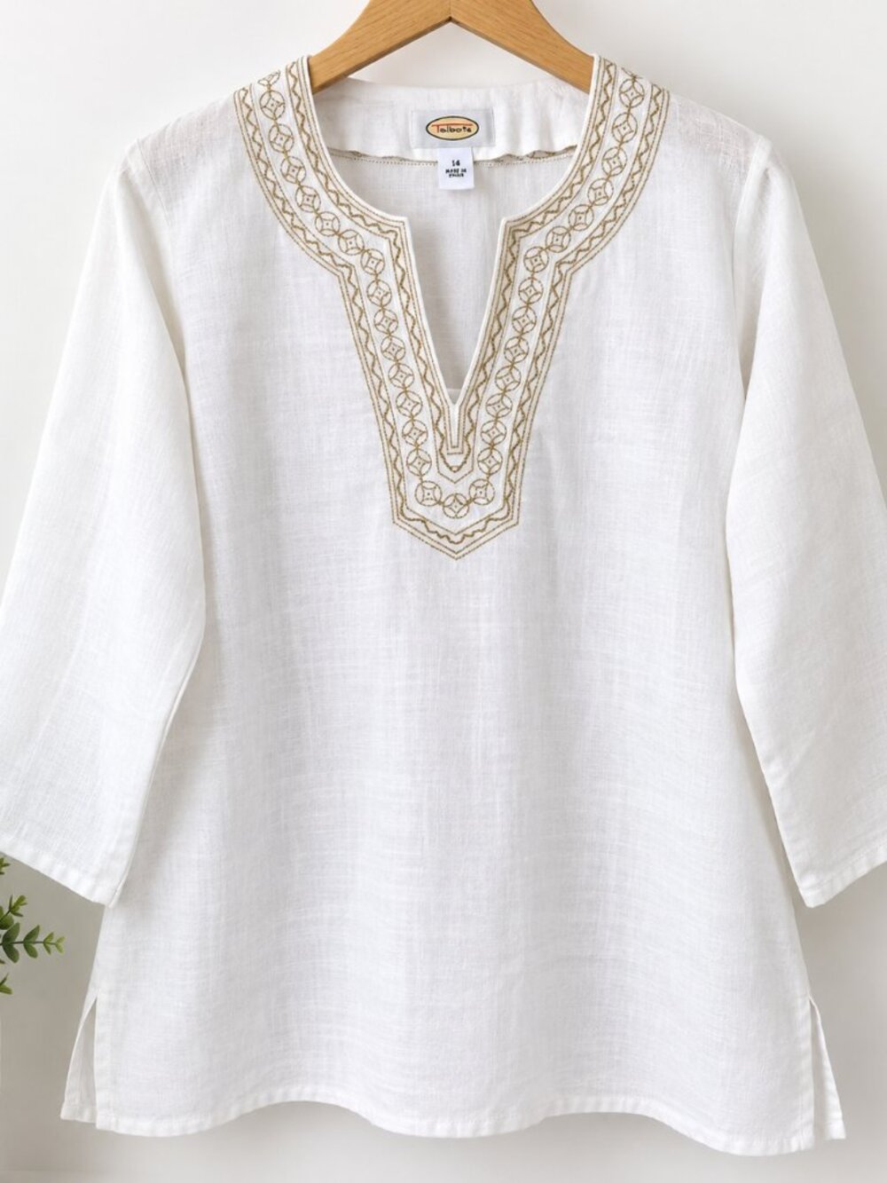 Talbots Women’s Size 14 White 100% Linen Tunic Blouse Embroidered 3/4 Sleeve